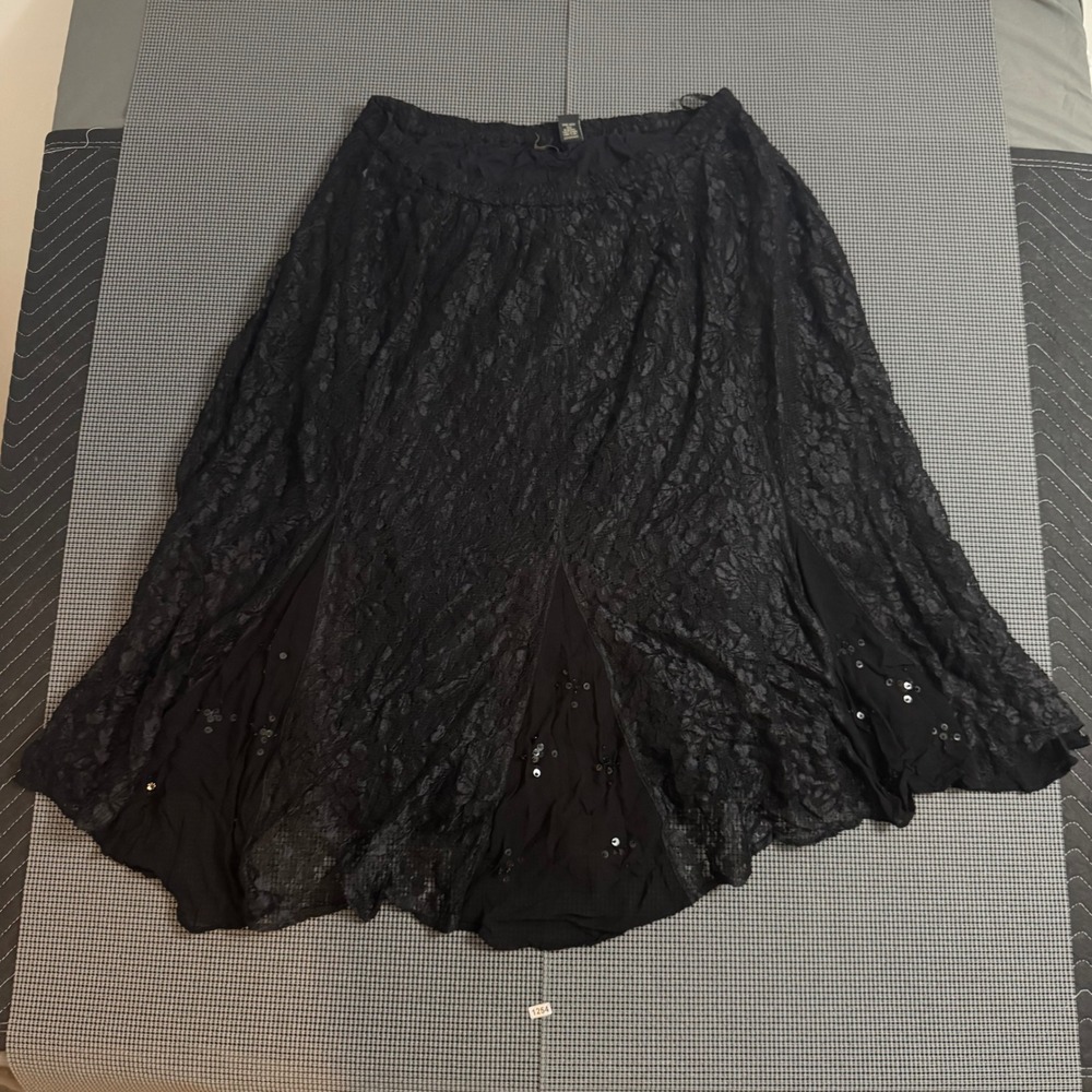 Lola P. Woman Black Lace Sequin Godet Midi Skirt Plus Size 1X Goth Romantic